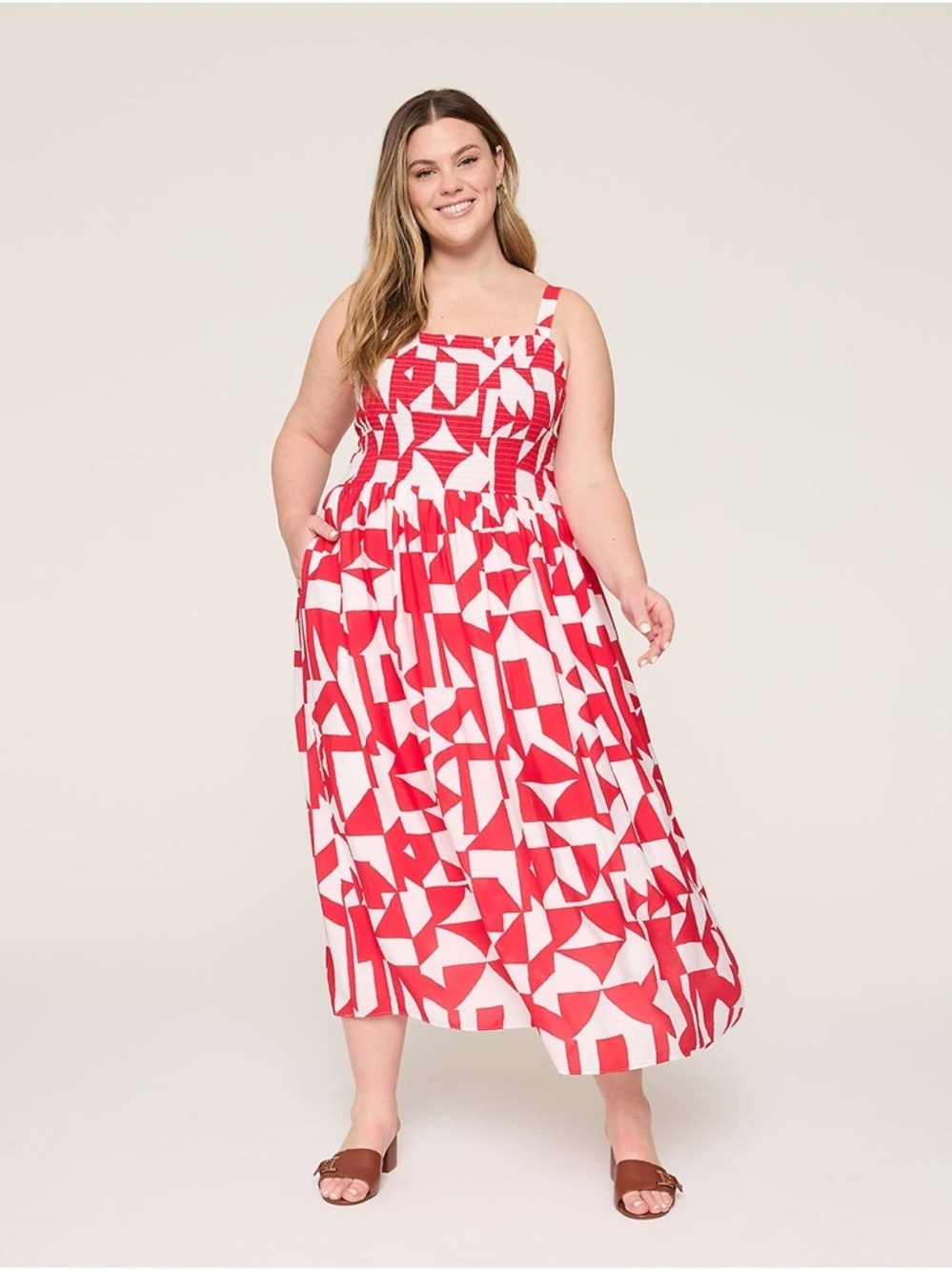 Lane Bryant Red & White Geometric Print Smocked Midi Dress - Size 10/12